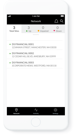 mobile screen view of network status showing total sites and identifying status as up, impaired, or down, by site name and location.